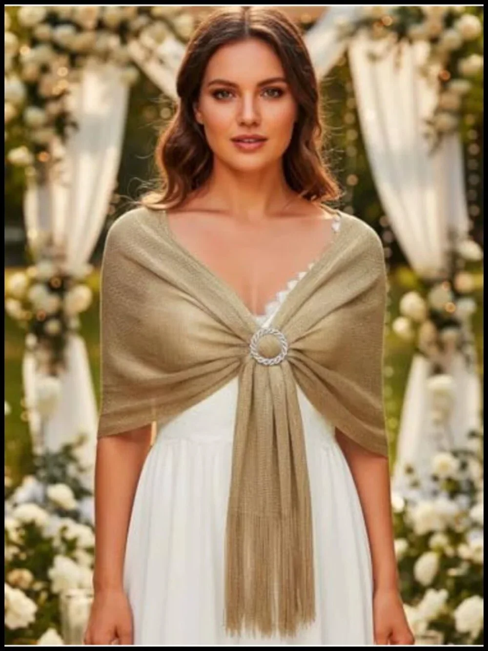 Metallic Fringe Pashmina Shawl Wrap for Evening Dress Wedding Capelet